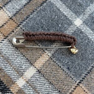 Brown Wrapped Safety Pin with Gold Heart Charm